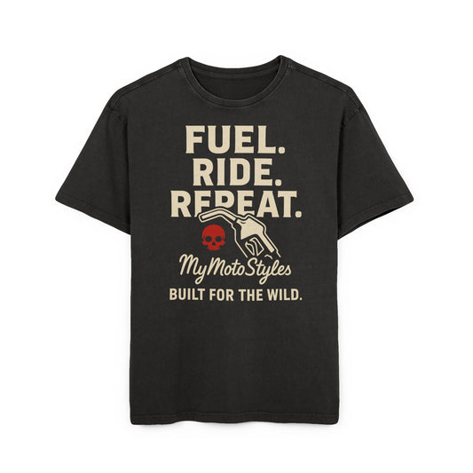 Biker Acid Washed Oversize T-Shirt - Fuel Ride Repeat Graphic T-Shirt