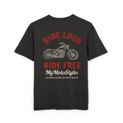 Men's Acid Washed Oversize Biker T-Shirt - Ride Loud, Ride Free - Design Shirt von MyMotoStyles  - Biker Geschenk