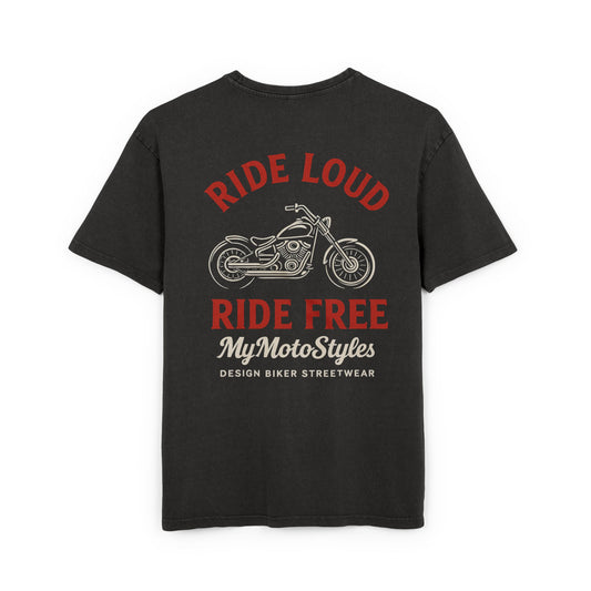 Men's Acid Washed Oversize Biker T-Shirt - Ride Loud, Ride Free - Design Shirt von MyMotoStyles  - Biker Geschenk